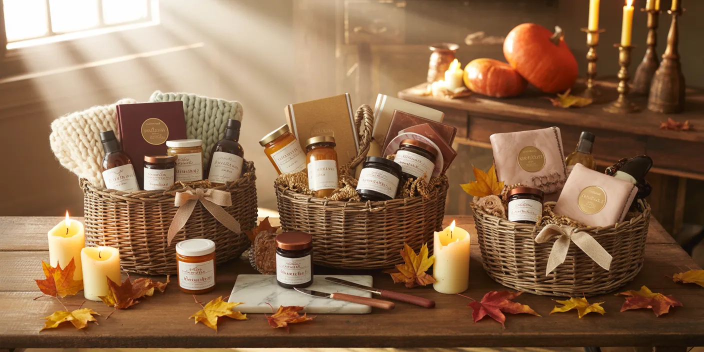 Assorted Thanksgiving hostess gift baskets displayed together with gourmet foods, spa items, candles, and cozy fall decor.