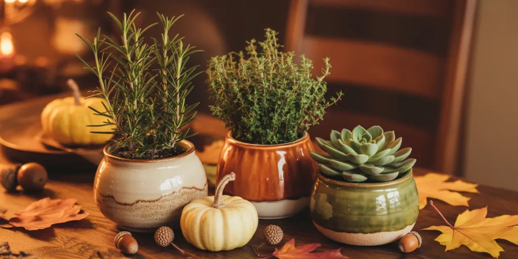 Mini potted herbs and succulents in decorative pots for Thanksgiving guest favors