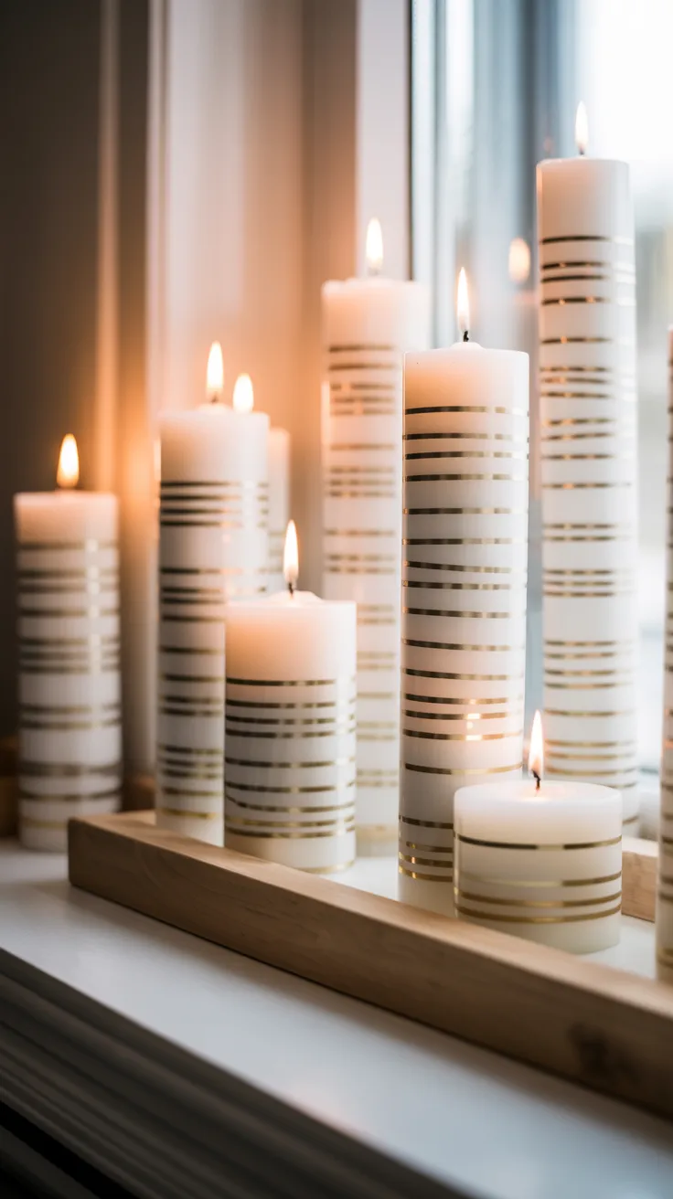 Repurposed window frame centerpiece with tiny hanging ornaments and linen handkerchiefs as a DIY mantel scarf.