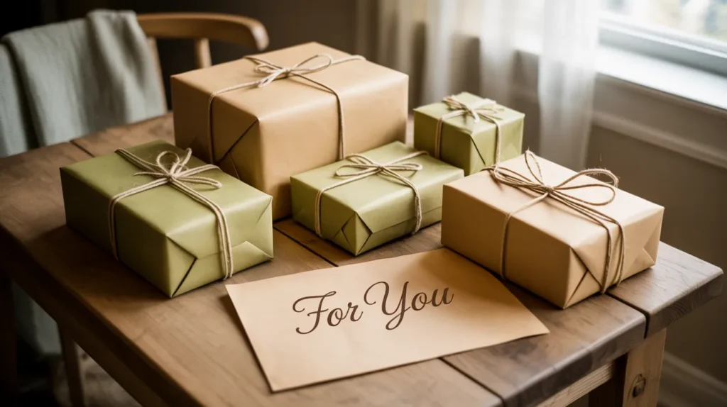 A collection of neatly wrapped presents on a table with a note saying “For You,” symbolizing thoughtful giving.