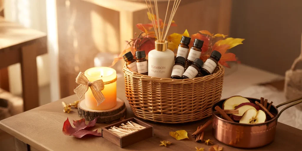 Fall Harvest Home Scent Basket with diffuser, candle, matches, and simmer pot ingredients.