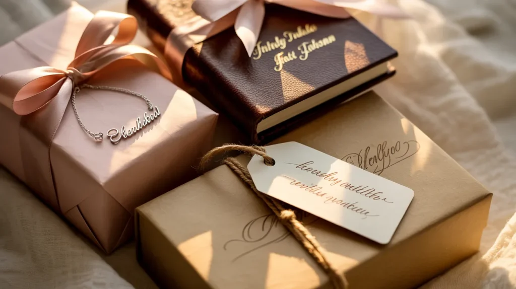 Personalized gift items including engraved jewelry, custom photo album, and monogrammed journal.