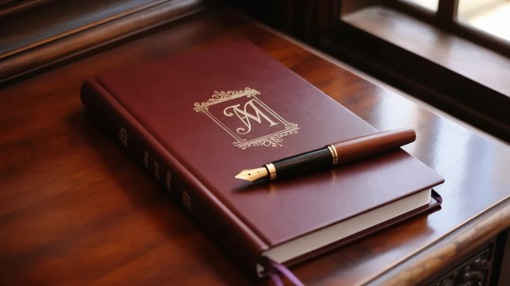 Monogrammed journal on a desk with the recipient’s name in gold lettering, representing thoughtful personalization.