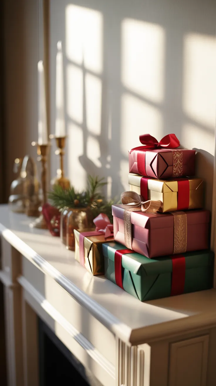 beautifully wrapped gift boxes on one side of the mantel.