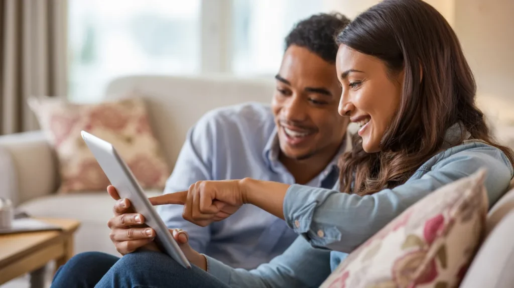 Two people looking at gift ideas on a tablet together, showing that asking what someone wants builds better connection.