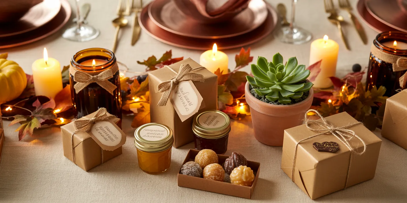 Elegant Thanksgiving table featuring a variety of thoughtful guest gifts and autumn décor.