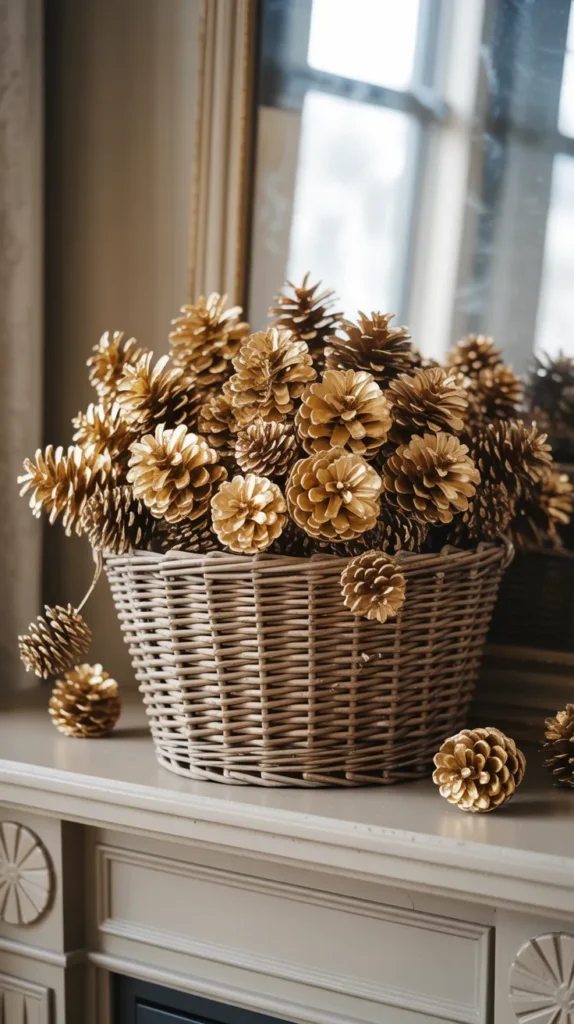 large collection of pinecones and spray-paint them in a matte or metallic gold finish