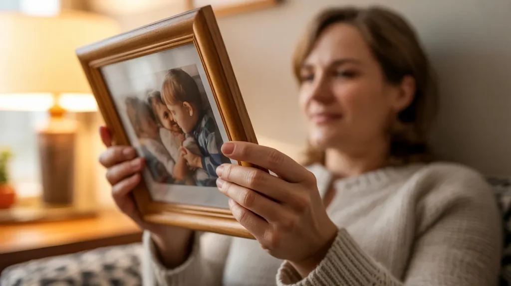 A person holding a framed photo and smiling softly, illustrating the emotional value of sentimental gifts