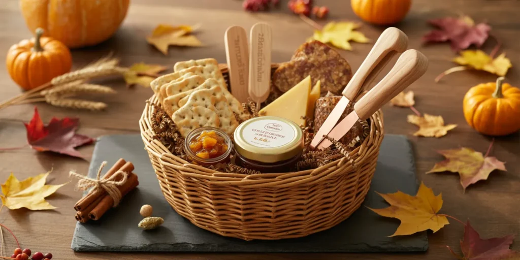 Artisan Charcuterie Builder Basket with gourmet crackers, fig jam, cheese tools, and serving board.