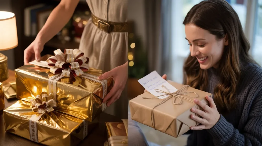 Split image of a person wrapping an expensive gift and another opening a simple one, showing how gift expectations differ.