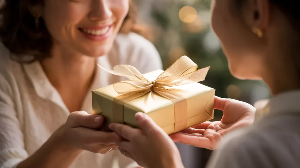 Person smiling as they give a gift, highlighting the joy of sharing through re-gifting.