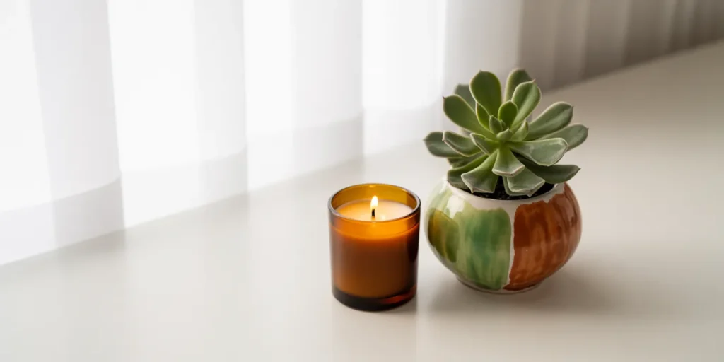 Mini fall-scented candle + baby succulent – low-maintenance Thanksgiving guest favor duo

