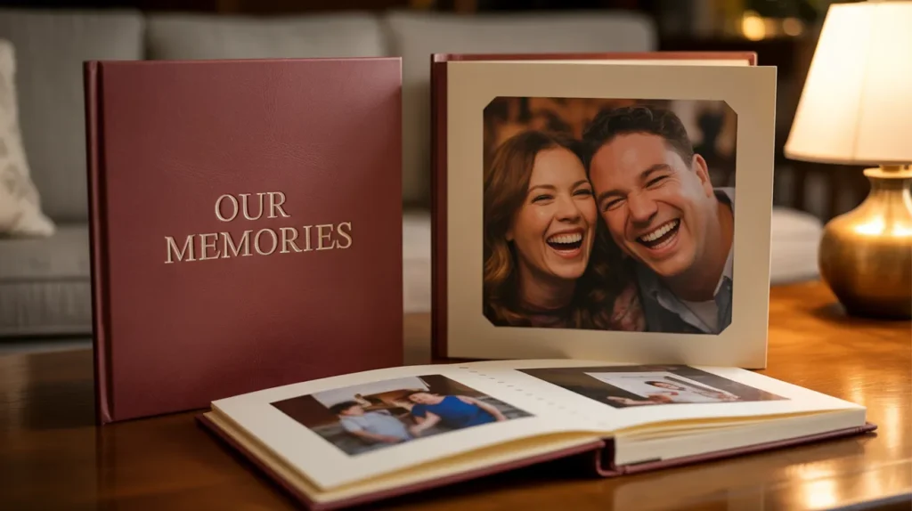 Personalized photo album open to a shared memory page, reflecting thoughtful gifting.