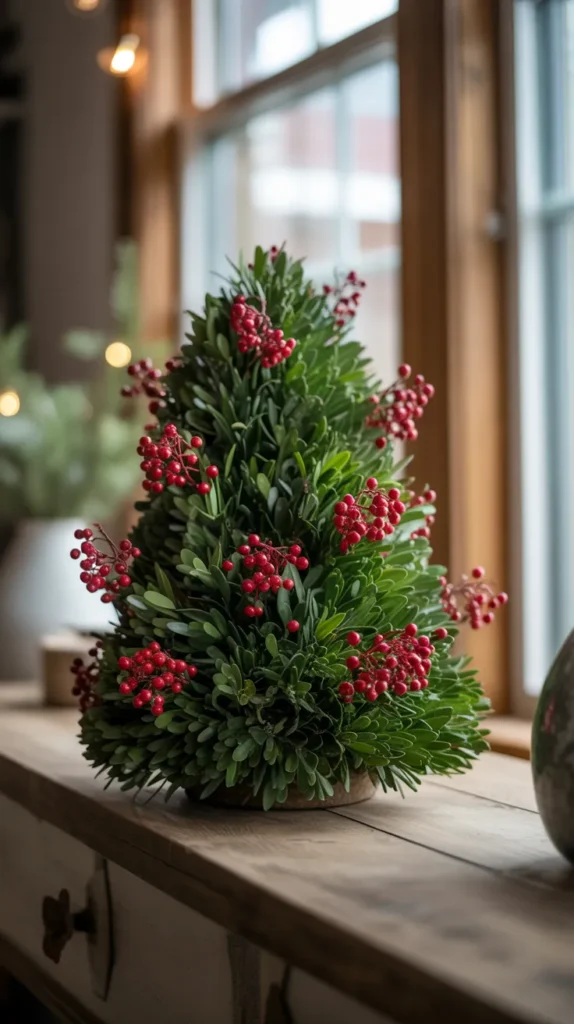 small, dense boxwood clippings to cover a floral foam cone, creating a miniature tree
