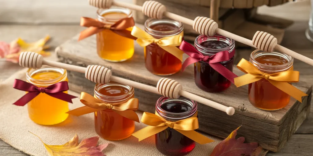 Mini jars of artisanal honey and jam prepared as Thanksgiving favors.