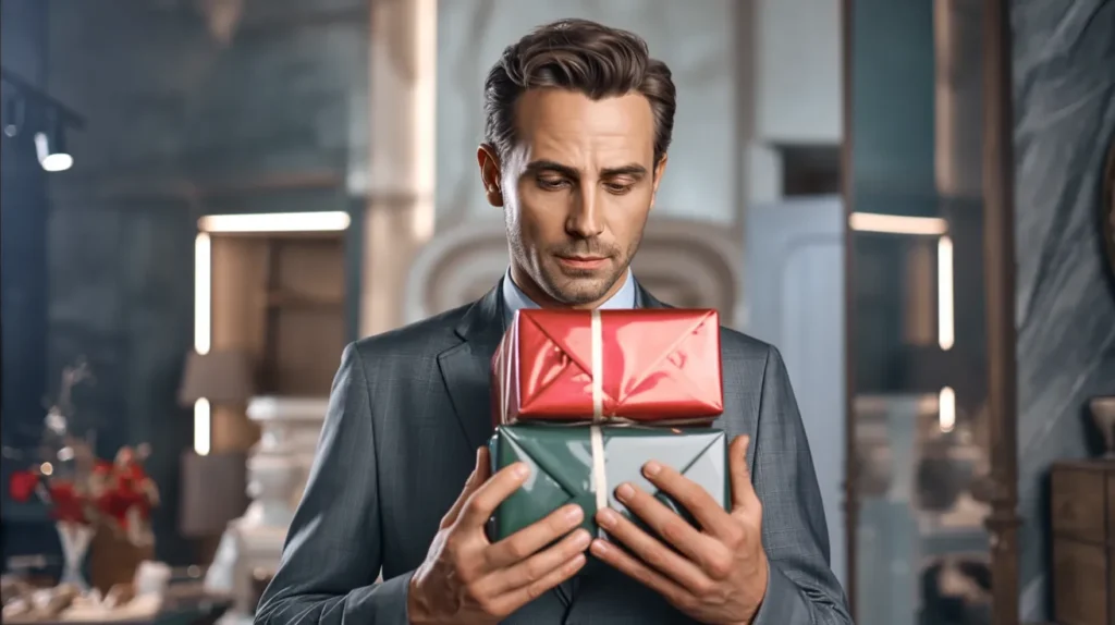 Confused shopper holding two gift boxes, unsure what to buy for someone who already has everything