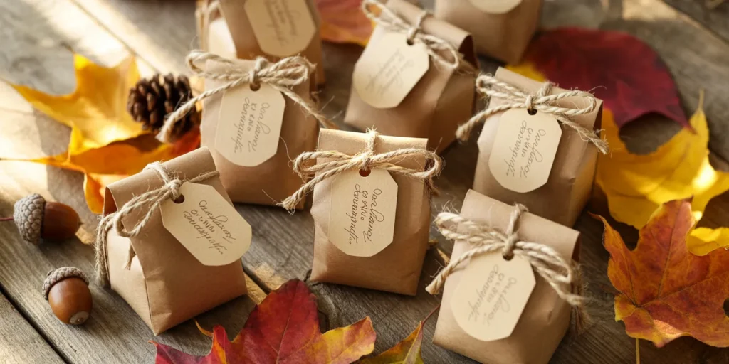 Personalized gourmet coffee and tea packets packaged as Thanksgiving table gifts.