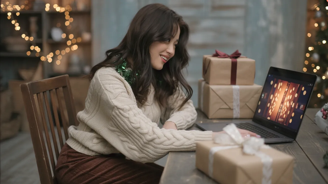Woman choosing the perfect gift for someone who has everything while shopping online surrounded by wrapped presents and holiday lights.