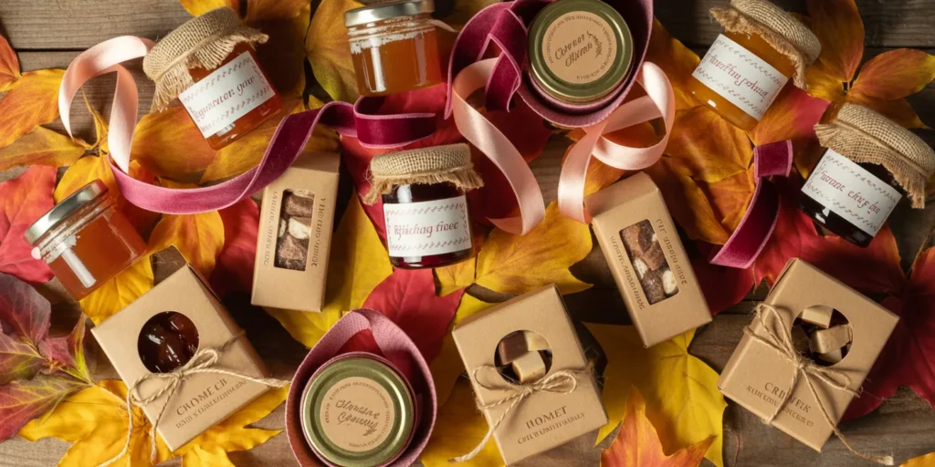 Assortment of edible Thanksgiving guest favors including honey, jam, and gourmet coffee.