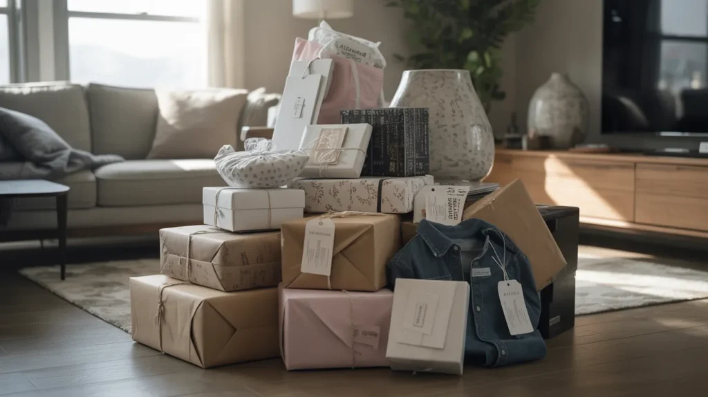 Stack of unused gifts in a corner showing how unneeded presents can go to waste.