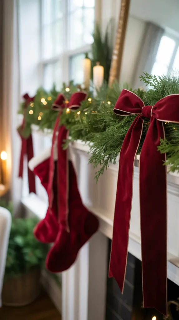 velvet ribbon, tied into simple, large bows, to accent key points on the mantel