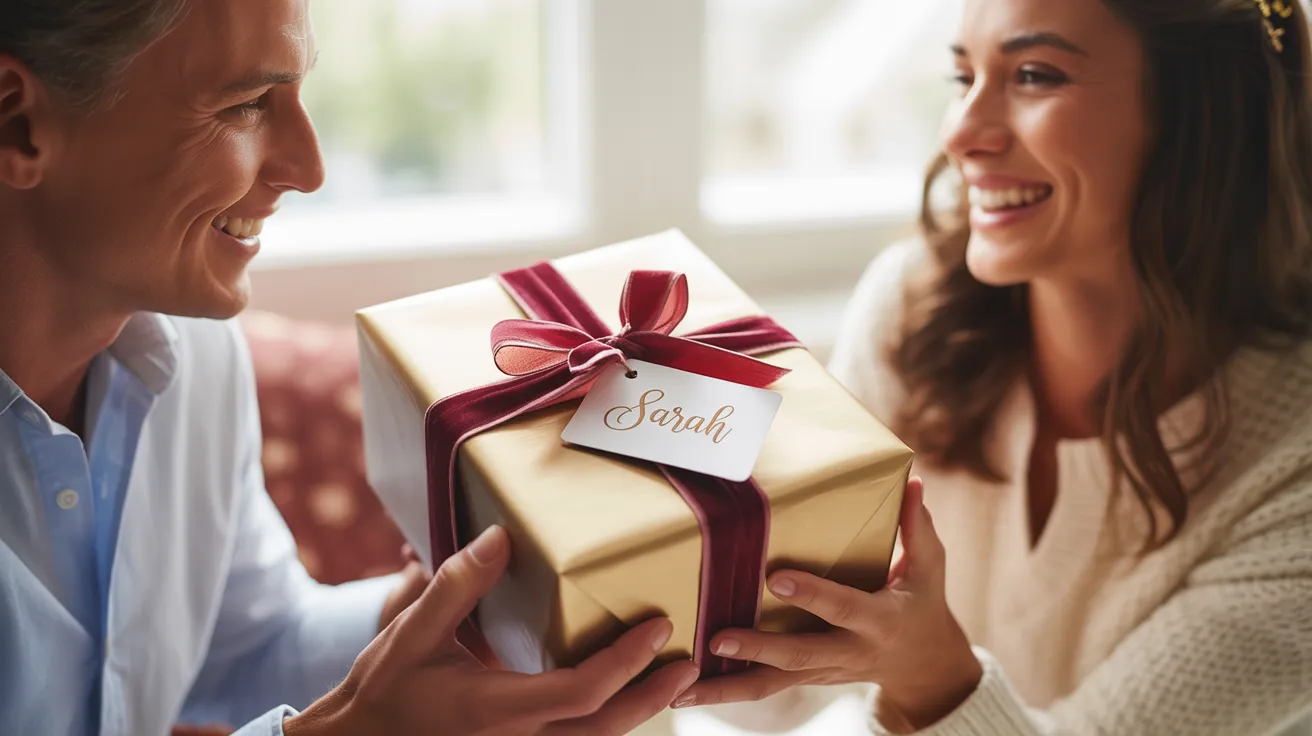 Person receiving a custom-wrapped gift with a monogram, showing meaningful personalization