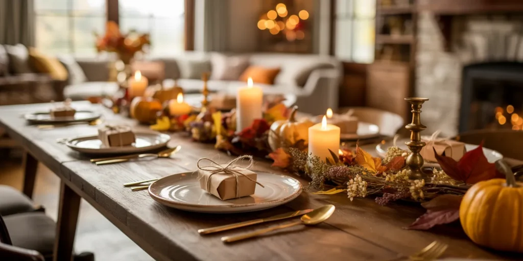 Warm Thanksgiving dinner table with autumn décor and small guest favors.
