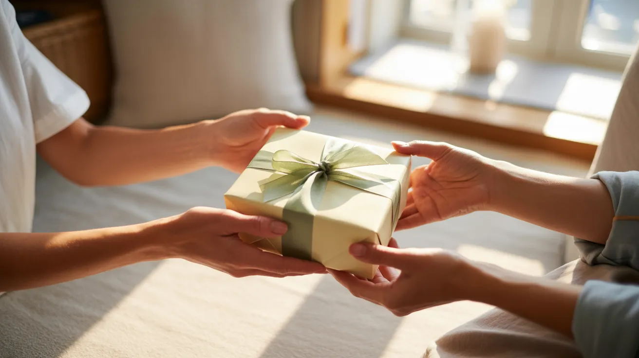 Two hands exchanging a neatly wrapped gift box, representing thoughtful re-gifting.