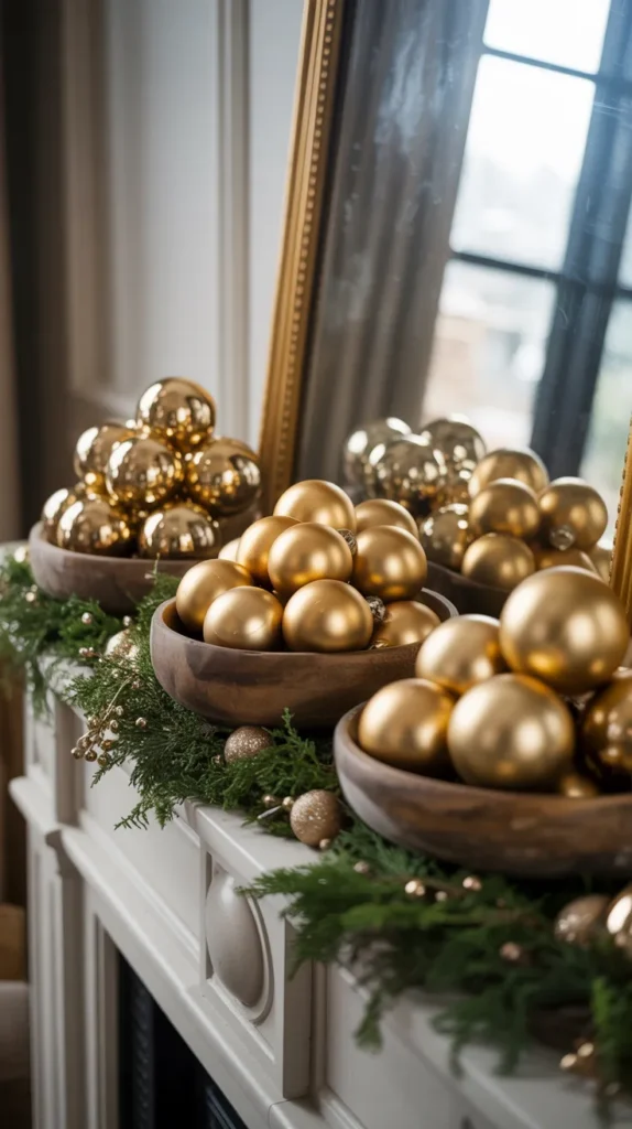 large, matte and shiny gold ornaments in deep bowls or on small pedestals