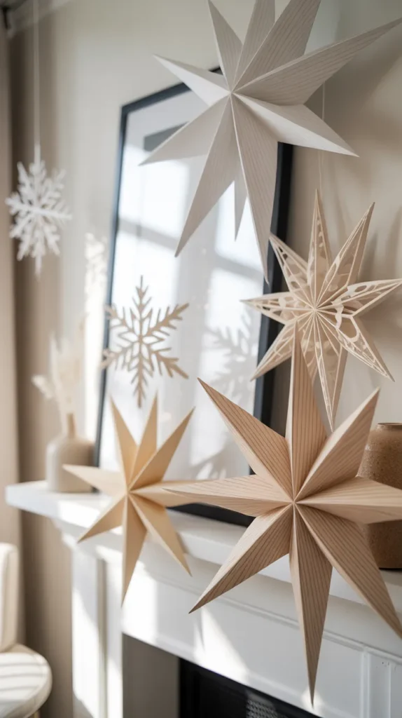 paper stars and snowflakes from simple brown or white Kraft paper.