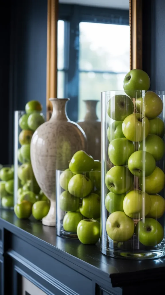 glass apothecary containers or small urns with bright green apples