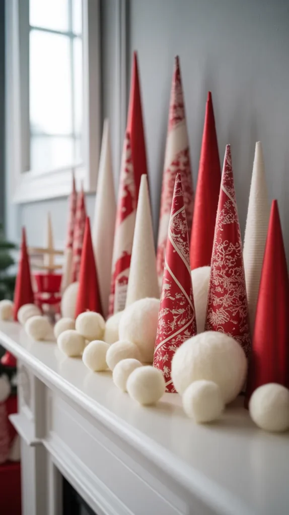 scattering white felt balls of different sizes across the entire mantelpiece