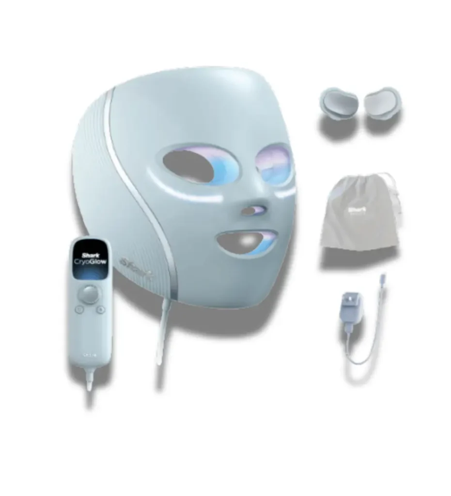 Shark CryoGlow LED face mask in blue frost with under-eye cooling pads, remote control, and storage bag, combining red, blue, and infrared light therapy for anti-aging and blemish repair, a high-tech viral skincare gift.