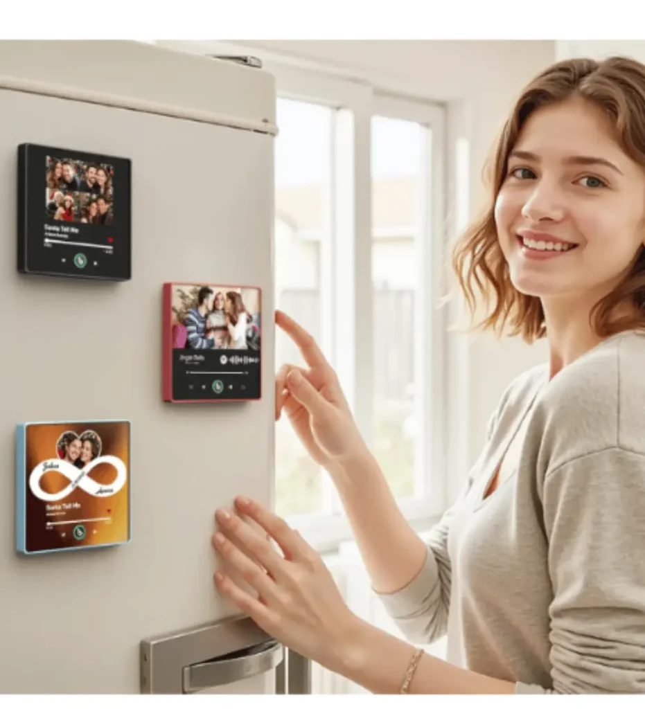 Personalized playable fridge magnets styled like Spotify album covers with photos and scannable song codes, demonstrated on a refrigerator, a sentimental viral Valentine's gift for sharing favorite songs.