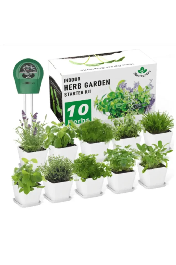 Complete indoor herb growing kit with 10 varieties in self-watering planters and moisture meter – ideal for home gardening beginners