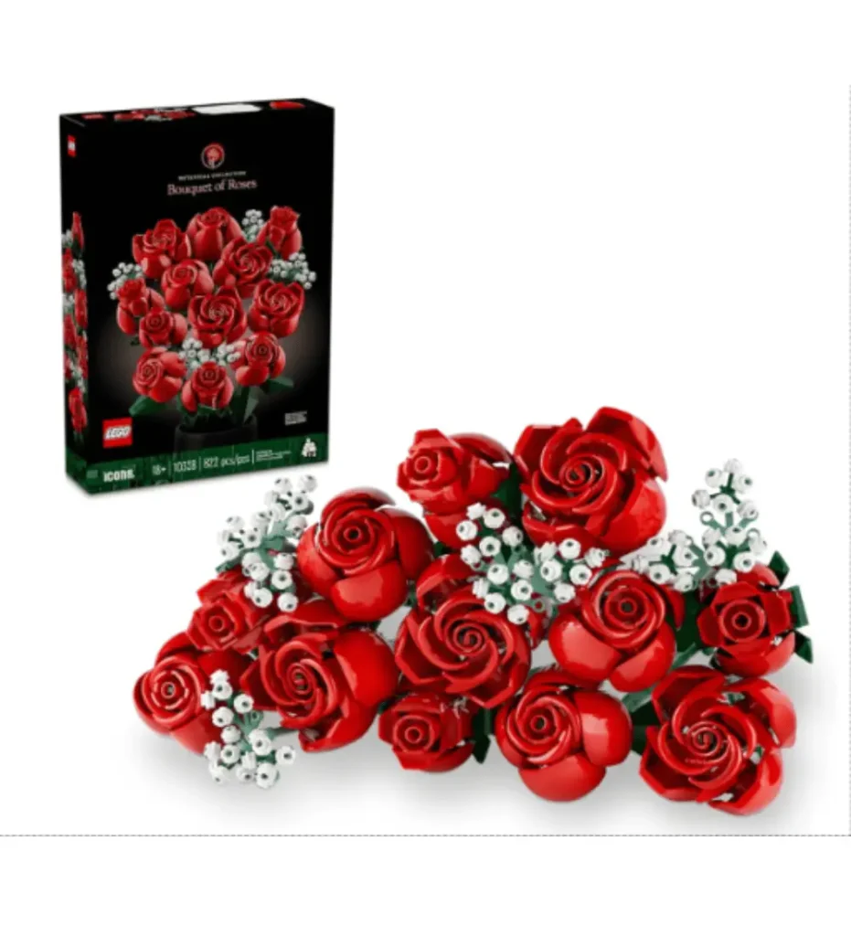 LEGO Botanical Collection Bouquet of Roses with red blooms in various stages and baby's breath, alongside its box, an eternal sustainable flower alternative trending as a romantic Valentine's buildable gift.