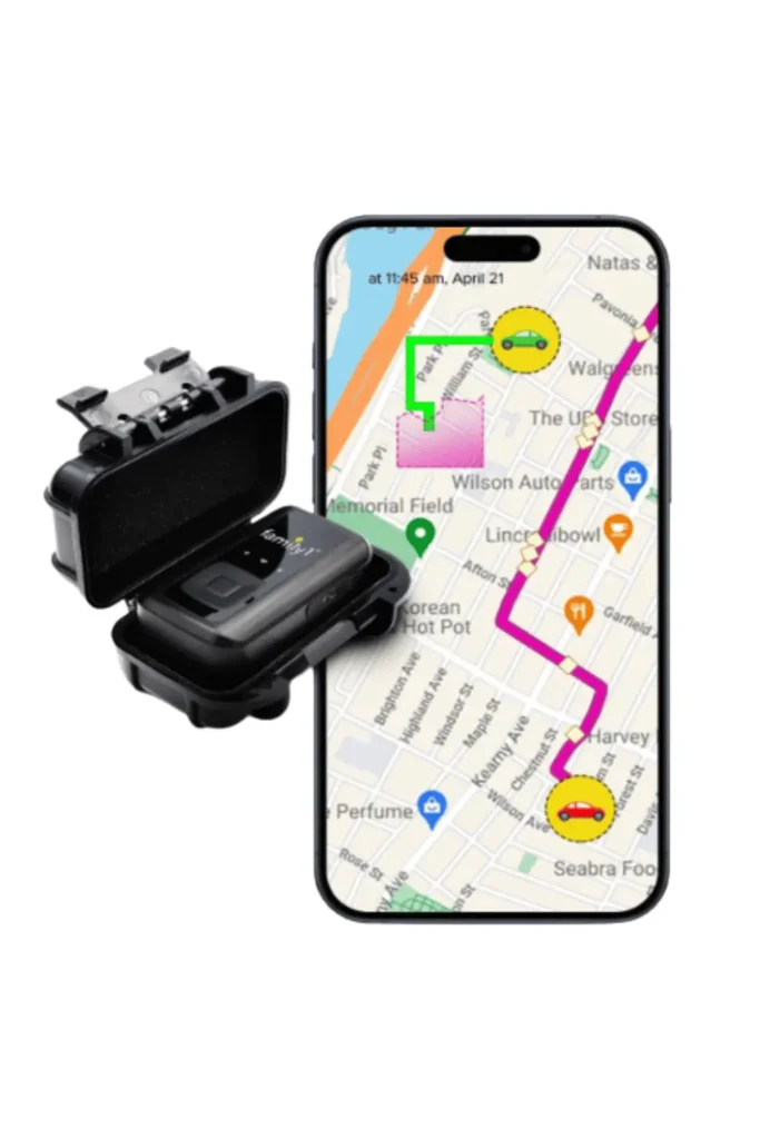 Portable magnetic GPS vehicle tracker with waterproof case and smartphone app showing live location mapping – reliable tracking device