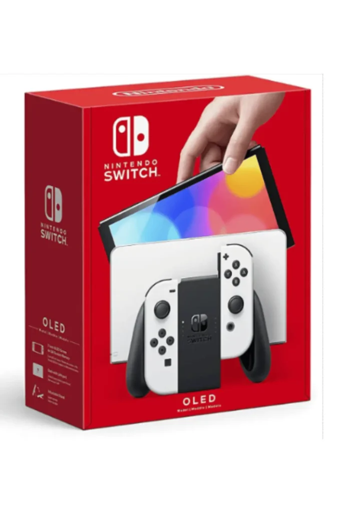 Nintendo Switch OLED console in white with Joy-Con controllers and dock, shown in official red retail packaging – premium gaming gift