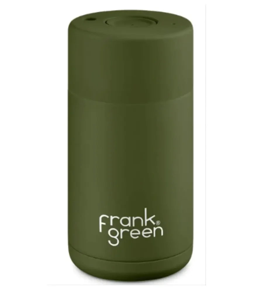 Eco-friendly Frank Green reusable stainless steel mug in khaki green with ceramic interior, featuring customizable design and contactless payment lid, a sustainable trending Valentine's Day gift for coffee lovers.