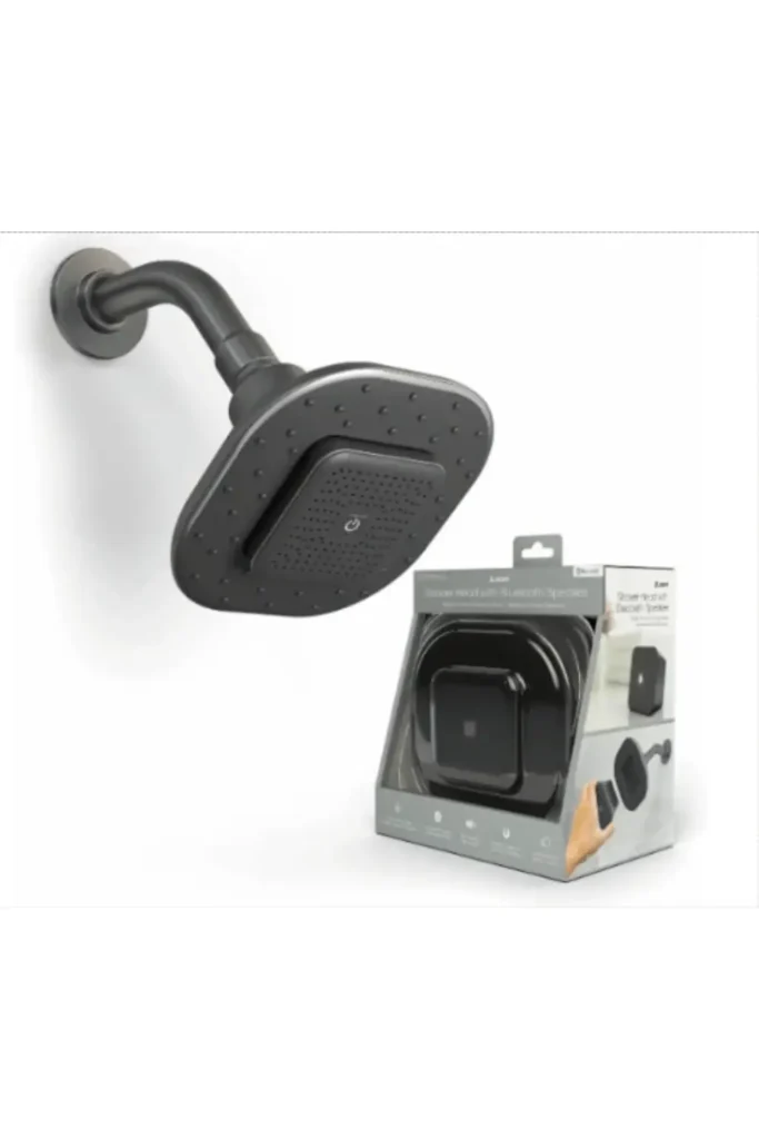 Black waterproof showerhead with built-in Bluetooth speaker for music in the shower, including retail packaging – innovative bathroom accessory