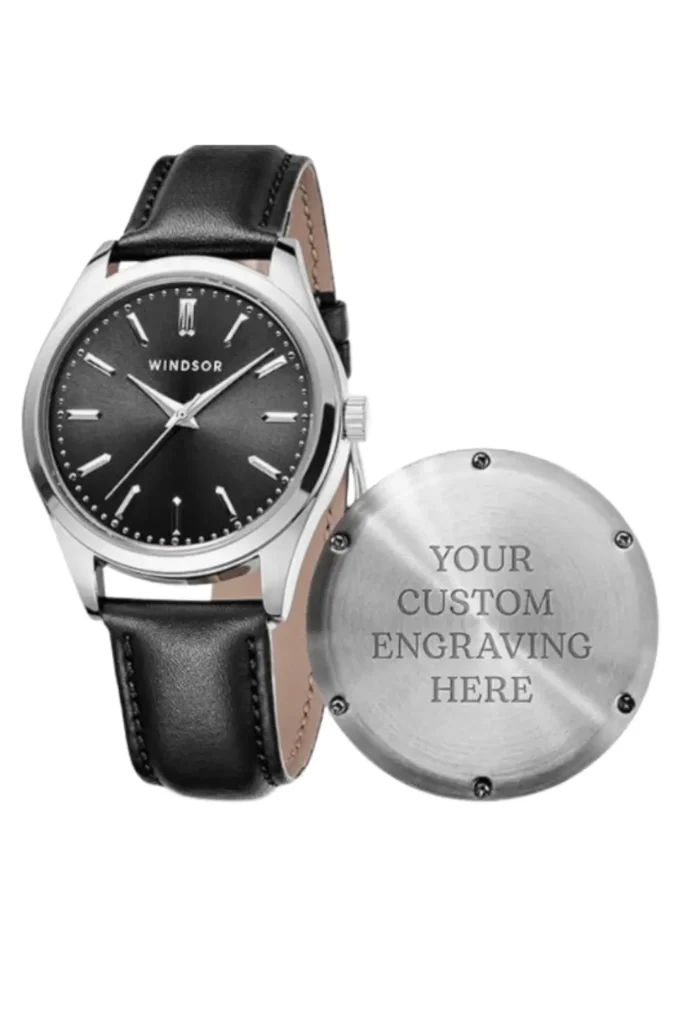 Classic Windsor men's watch with black leather strap and customizable engraving on case back – elegant personalized gift for him