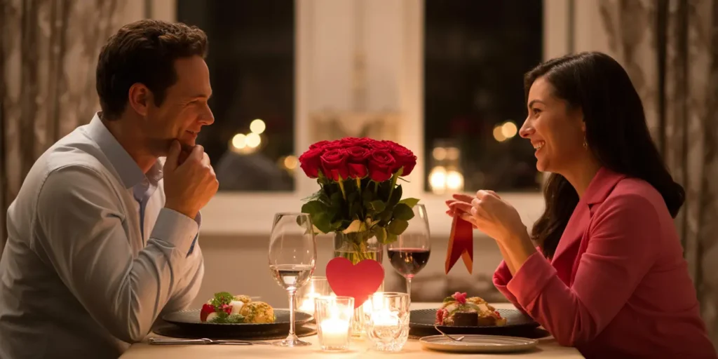 Happy couple sharing a romantic candlelit dinner with red roses centerpiece, wine glasses, and elegant dishes – perfect Valentine's Day date idea