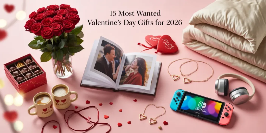 Collection of popular 2026 Valentine's Day gifts featuring red roses, personalized photo book, couple mugs, jewelry, Nintendo Switch, and cozy blanket