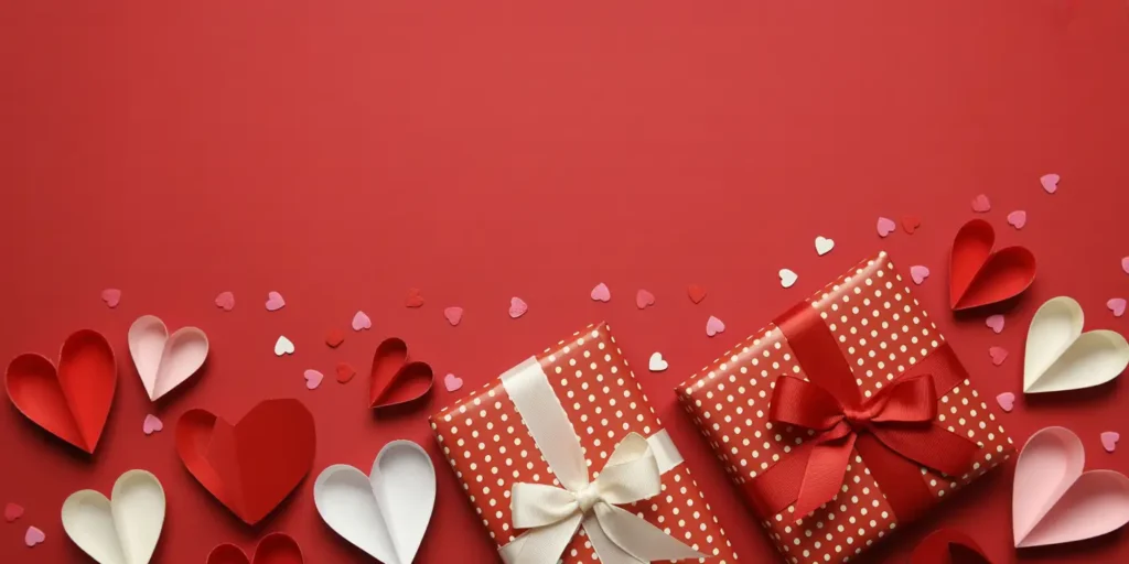 A festive red background featuring wrapped Valentine's Day gift boxes with polka dots and ribbons, surrounded by scattered paper hearts in red, pink, and white, evoking romance and celebration.